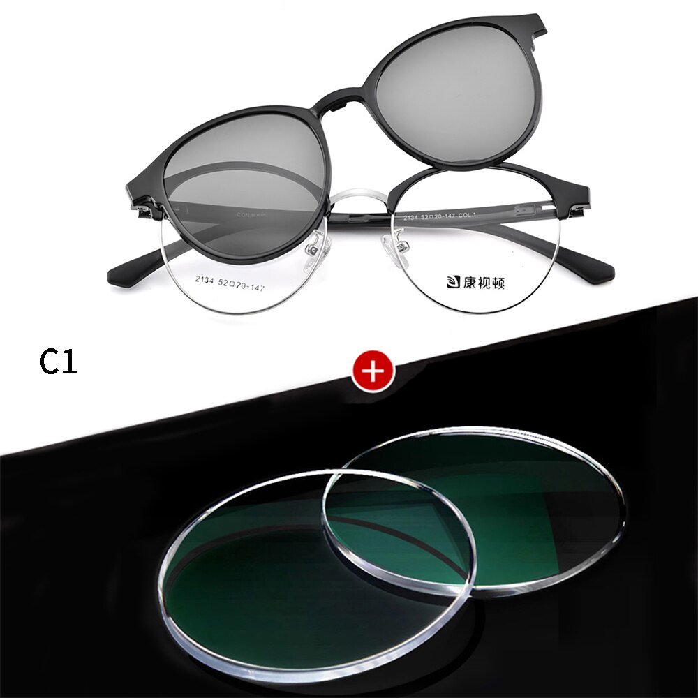 2 in 1 Eyeglasses with Clip on Sunglasses Women Glasses with Magnetic Sunglasses Round Glasses with Lenses 2134: C1 with Lenses
