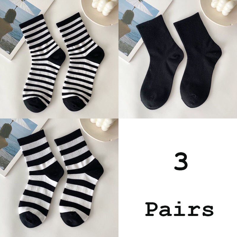 3 Pairs Socks Set Women's Socks Cow Print Ins Black And White Lovely Versatile Socks Stripes: Blue