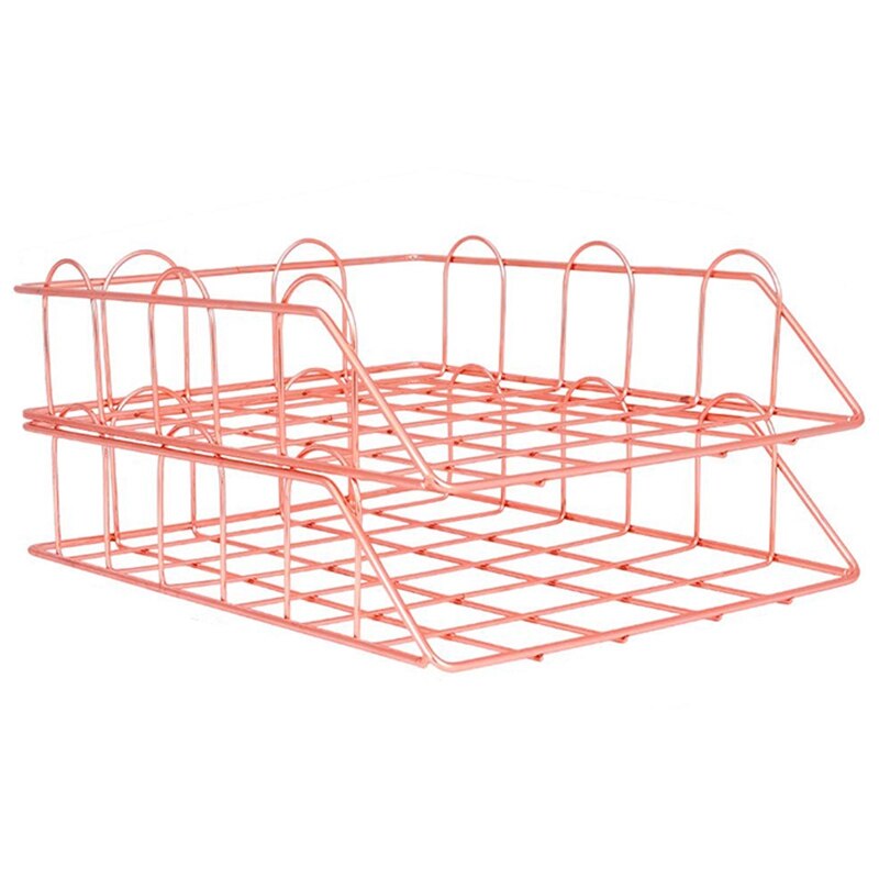1 Set Of 2 Office Supplies Metal Stackable File Document Letter Tray Organizer, Rose Gold