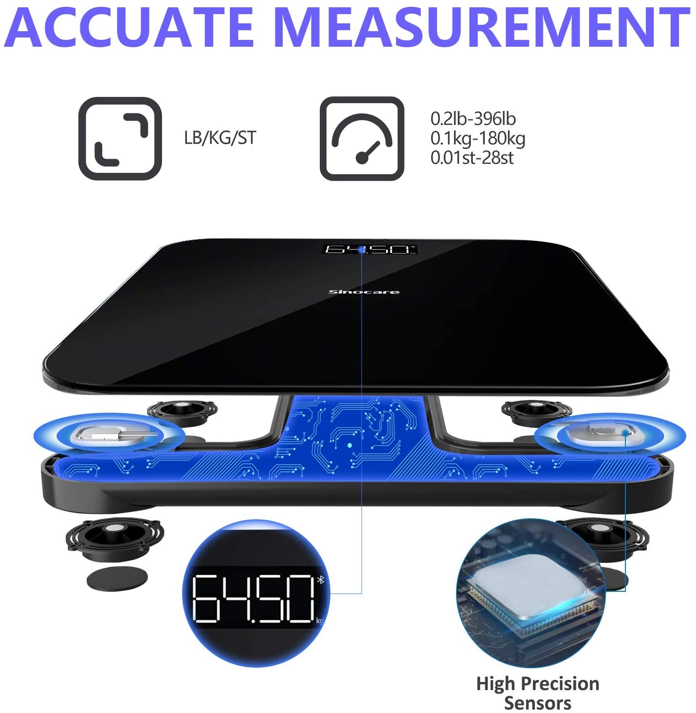 Sinocare-báscula de grasa corporal con Bluetooth, balanza electrónica inteligente de grasa corporal, precisión de 0,1 kg con 3 piedras/kg/lb, cuadrada, pantalla LED, aplicación