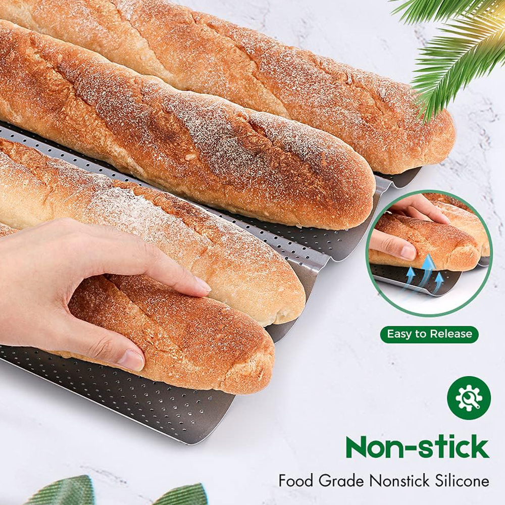 Bakplåt i franskt bröd, non-stick-beläggning, kolstål, perforerad baguetteplåt, 3/4 -vågsbröd, bakform, bakplåt, bakverktyg