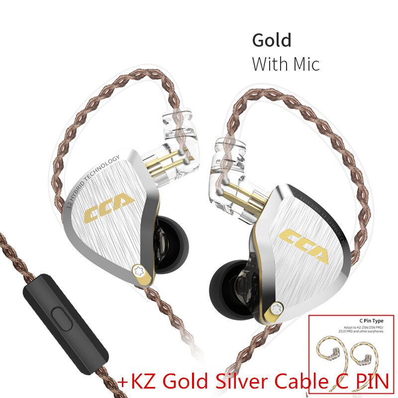 Le plus CCA C12 1DD + 5BA hybride dans l'oreille écouteurs métal HIFI basse écouteurs casques antibruit écouteurs V90 ZSX T4: gold with mic(GS)