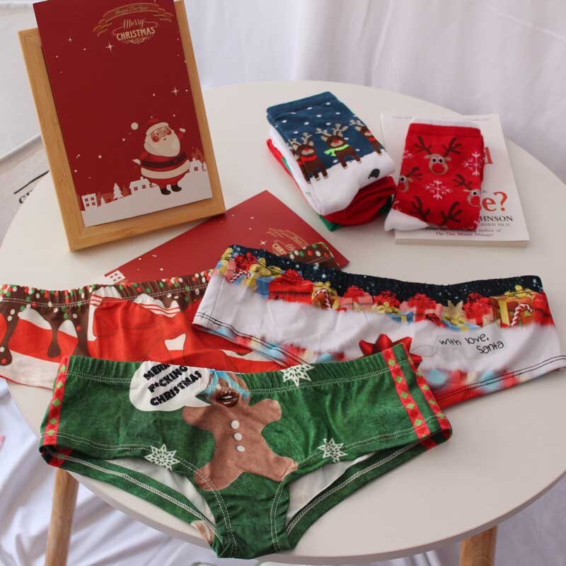 SP&CITY 3pcs Chritsmas Women Underwear Year Ekl Print Cute Cotton Panties Snow Patterned Seamless Briefs Lingerie: C