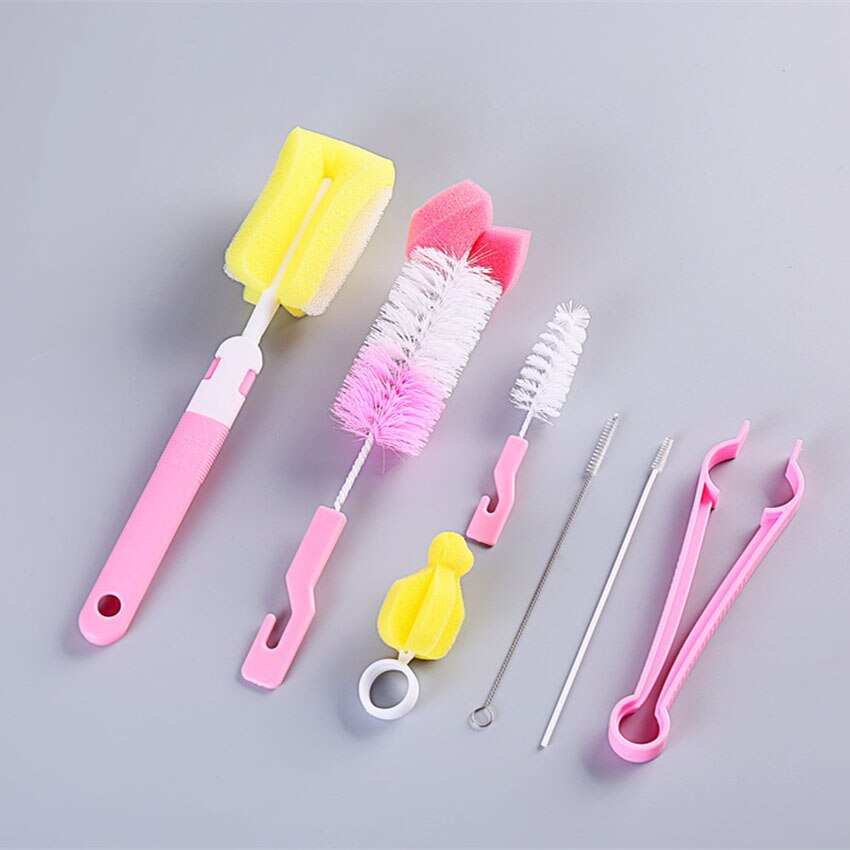 7Pcs Set di detergenti per pennelli per biberon capezzolo per bambini rotante a 360 gradi pulito spugna beccuccio tazza pennello Kit bottiglia strumento pulito: Pink