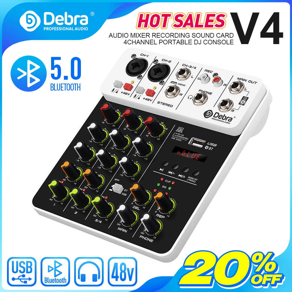 Mezclador de Audio Debra V4 de 4 canales con Bluetooth USB 48V efecto repetido de retardo de energía fantasma para consola mezcladora de sonido grabación de PC