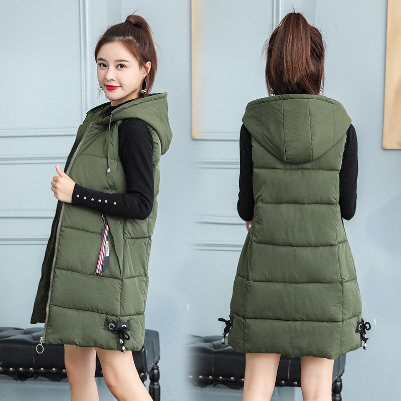 Efterår vinter hættevest kvinder vest plus størrelse lommer lynlås slanke lange veste dame colete feminino: Militærgrøn / Xxl