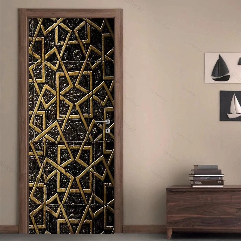Modern Black Gold Line Geometric Door Sticker 3D Stereo Pvc Self-Adhesive Waterproof Mural Wallpaper Living Room Decor