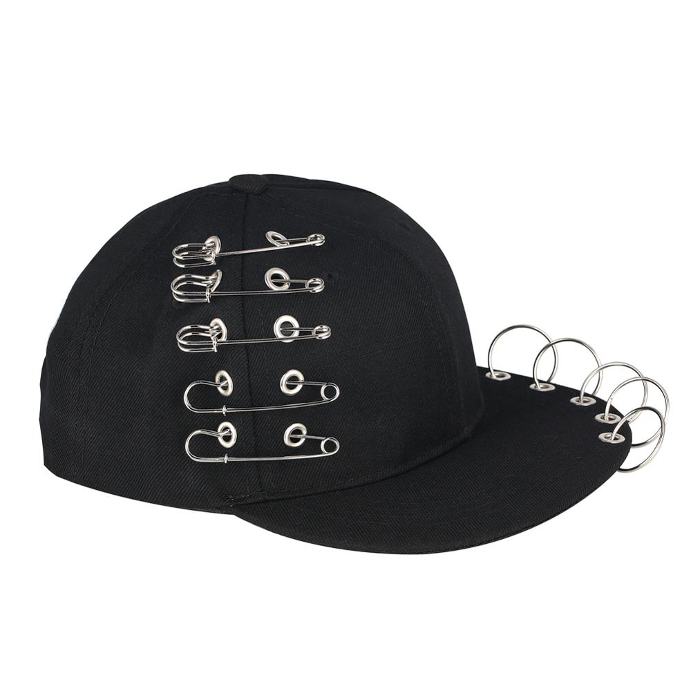 Punk Rock Style Hip Hop Hats Unisex Pin Metal Ring Baseball Cap Black Snapback Caps Tide HipHop Cap Men Women