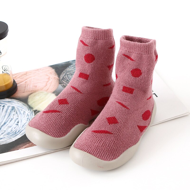 Unisex Toddler Socks Shoes Anti-slip Baby First Walker Shoes Boys Girls Kids Rubber Soft Floor Shoes Winter Warm Knit Booties: Pink / 12.5CM(6-12Months)