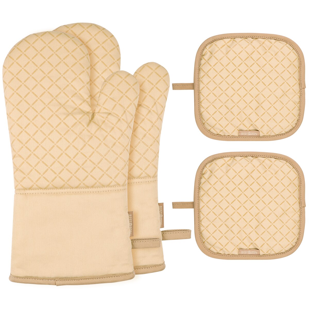Set Of Oven Mitt And Heat Resistant Pot Holder Pad Protective Oven Gloves The Goods For Kitchen Gadgets Party Year Xmas: Beige