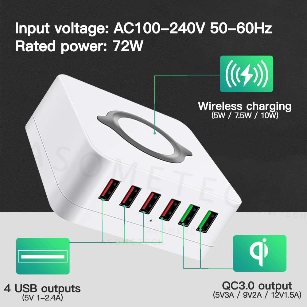 72W 6 Poort Quick Charge 3.0 Usb Charger Adapter Draadloze Oplader Opladen Station Telefoon Oplader Voor Iphone Samsung Huawei xiaomi