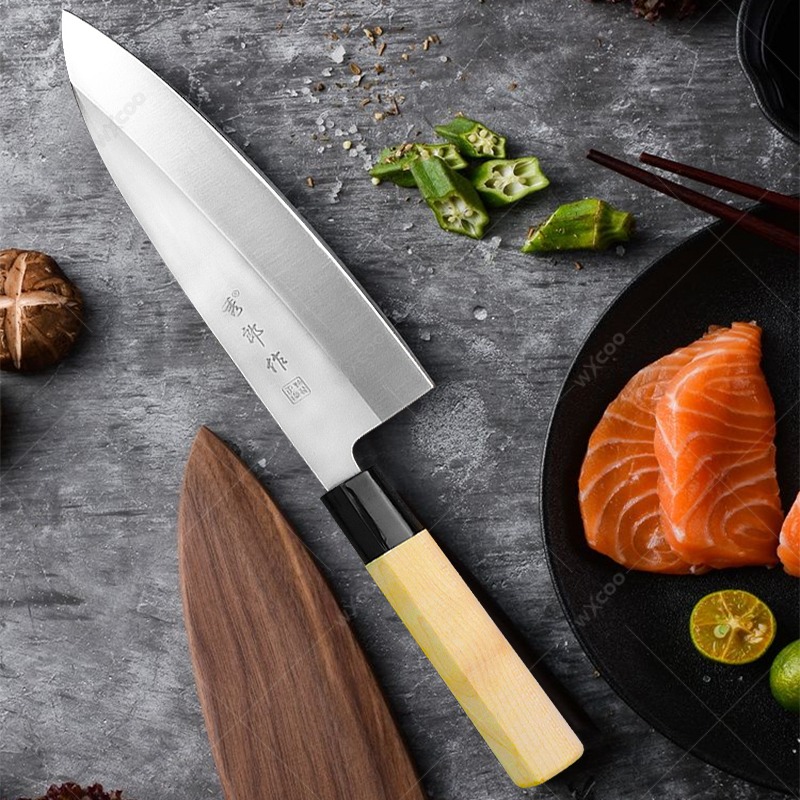 Faca de chef japonesa profissional, faca de sashimi de salmão, lâmina espessada, facas de cozinha de aço inoxidável, clipe de espinha de peixe