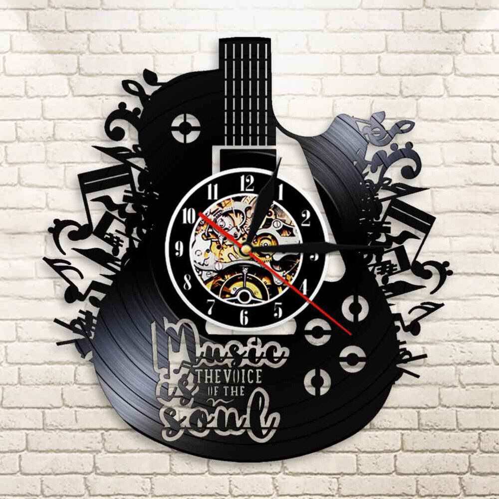 Reloj de pared de vinilo con forma de guitarra, colgante, , LED decorativo, sin lámpara, 1 ud.: Black 1