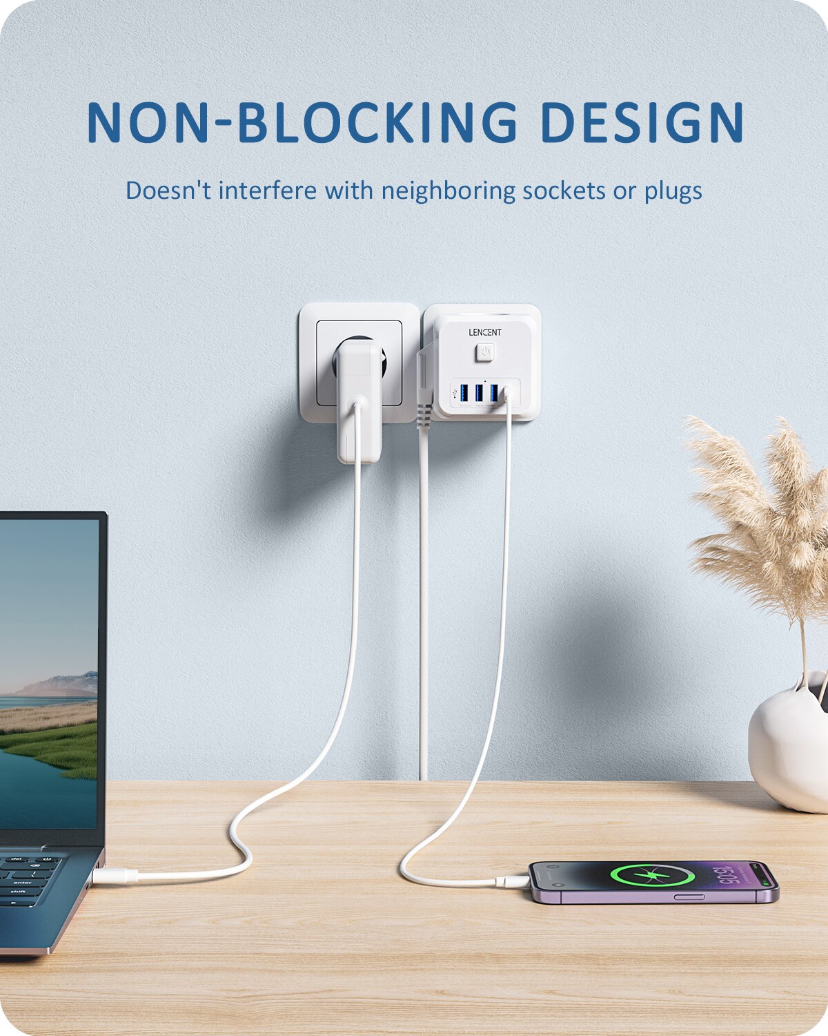 LENCENT Wandsteckdosen-Verlängerung mit 3 AC-Steckdosen, 3 USB-Anschlüssen und 1 Typ C 7-in-1 EU-Stecker-Ladegerät Ein/Aus-Schalter für Zuhause