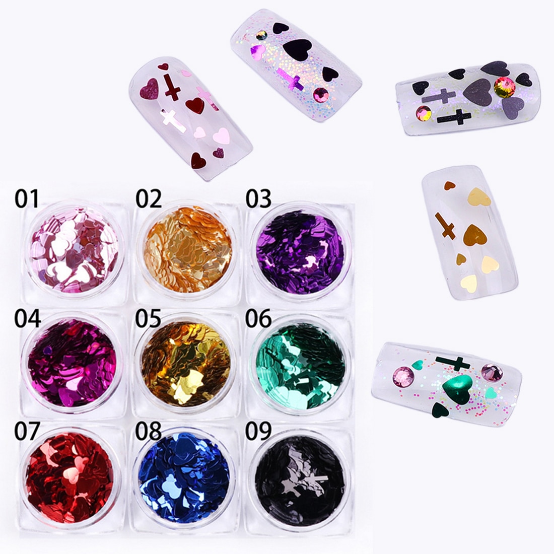 1 Doos 12 Kleuren Mix Grootte Hart Vorm Nail Pailletten Cross Vorm Vlokken Roze Paars Glitter Paillette Manicure Nail Art decoratie