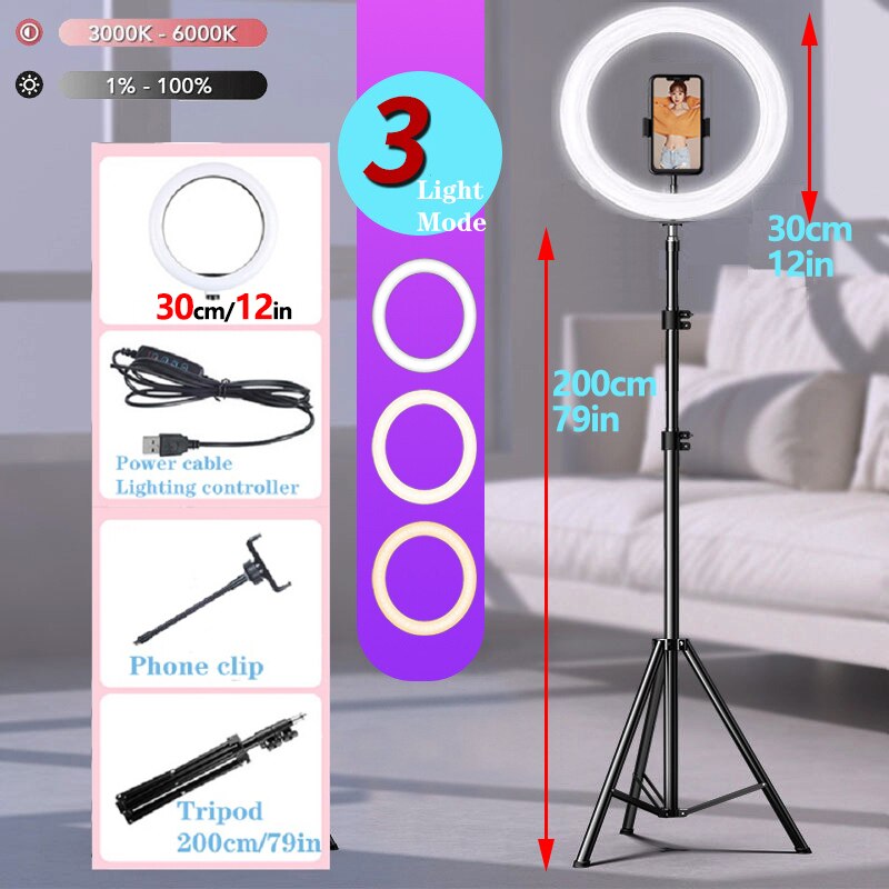 10 &quot;Led Selfie Ring Licht Cirkel Vullen Licht Dimbare Ronde Lamp Statief Trepied Make Fotografie Ringlicht Telefoon Standhouder: 12in 200cm Tripod