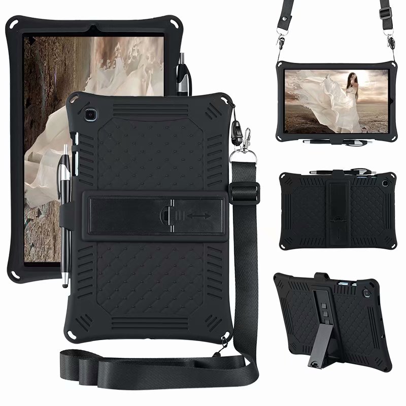 For Galaxy Tab S6 Lite 10.4 kids Case For Samsung Galaxy Tab S6 Lite P610 P615 Tablet Case Silicon Cover + pen + strap: black