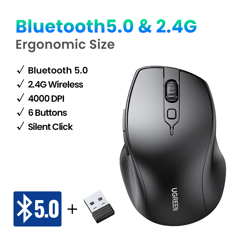 Mysz bezprzewodowa UGREEN mysz Bluetooth 5.0 ergonomiczna 4000 DPI cicha 6 przycisków dla tabletu MacBook mysz do laptopa cicha mysz 2.4G: Różowy