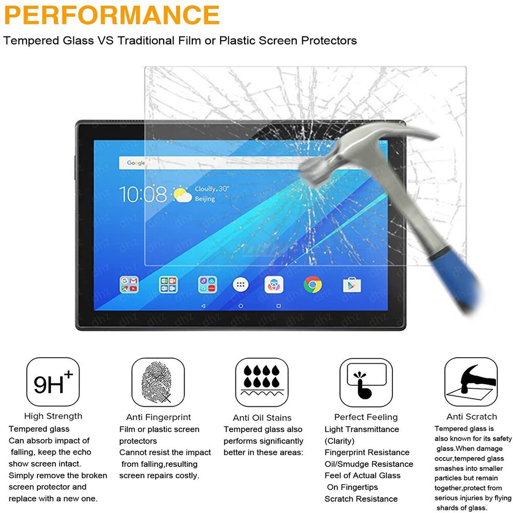 2Pcs Tempered Glass for Lenovo Tab E7 E10 M7 M8 M10 TB-X605F/M10 FHD PLUS 10.3 inch Full Cover Protective Screen Protector Film