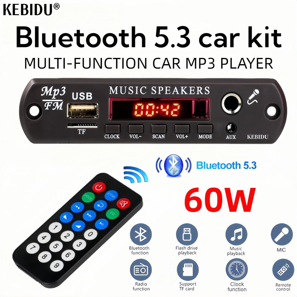 DC 12V Bluetooth 5,3 MP3 APE Decoder Board 30W 60W Verstärker 6,5mm Mikrofon Uhr Zeit Display USB TF FM AUX Auto Musik Player