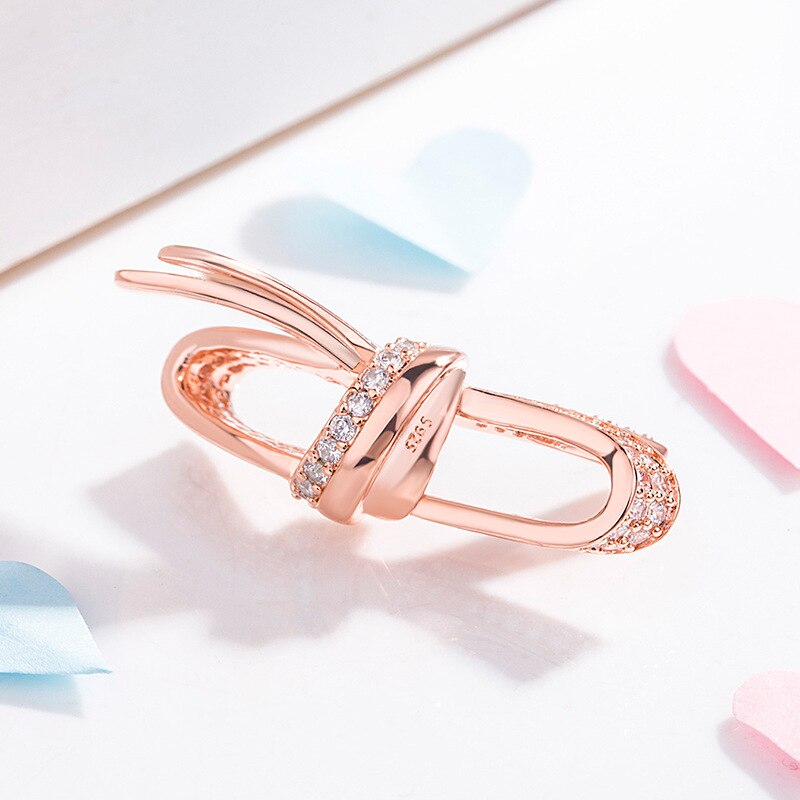 Genuino 925 plata esterlina Rosa oro espumoso de arco brillante con cuentas de cristal Fit Pan pulsera y collar Jewe