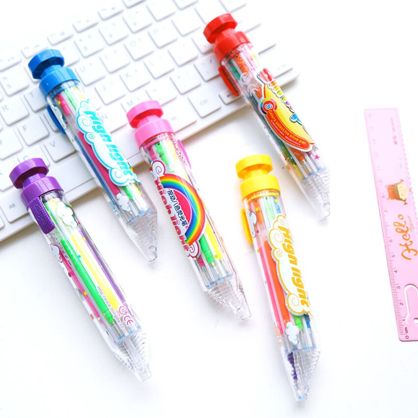 Stylo marqueur Flash 8 en 1 pour étudiants, recharge 0.7mm, surligneur Portable, stylo à pression, fournitures scolaires et de bureau