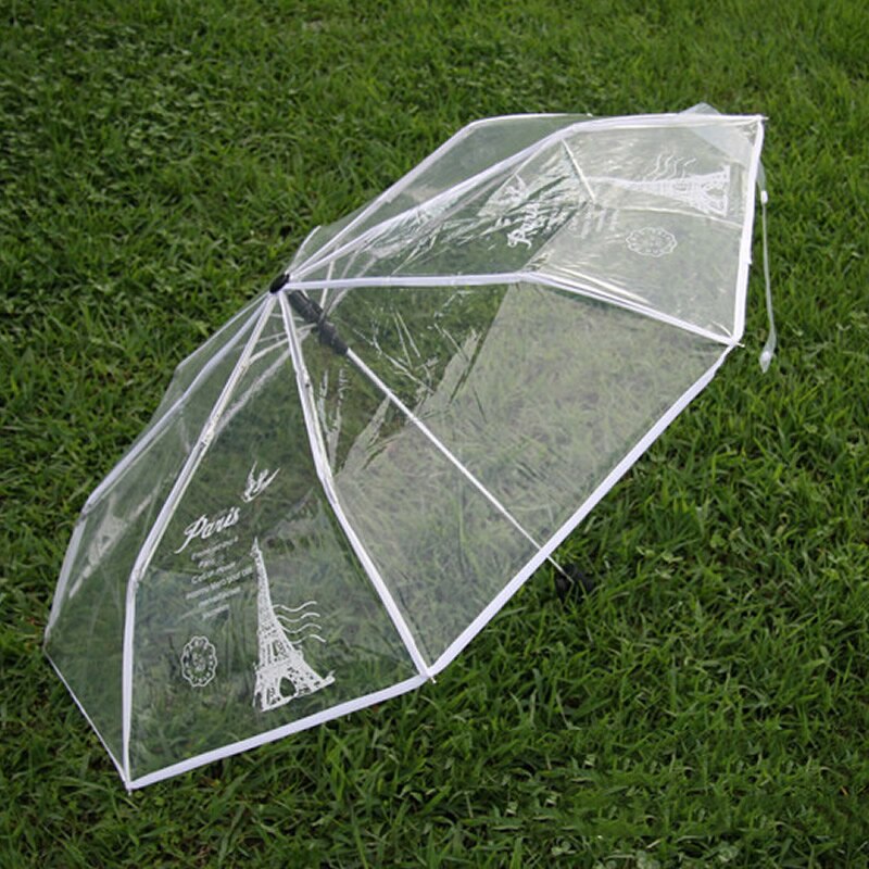 Plastic Drie Opvouwbare Paraplu Transparante Paraplu Zonnige En Regenachtige Paraplu Parasol Met Ijzer Handdoek Patroon Versierd