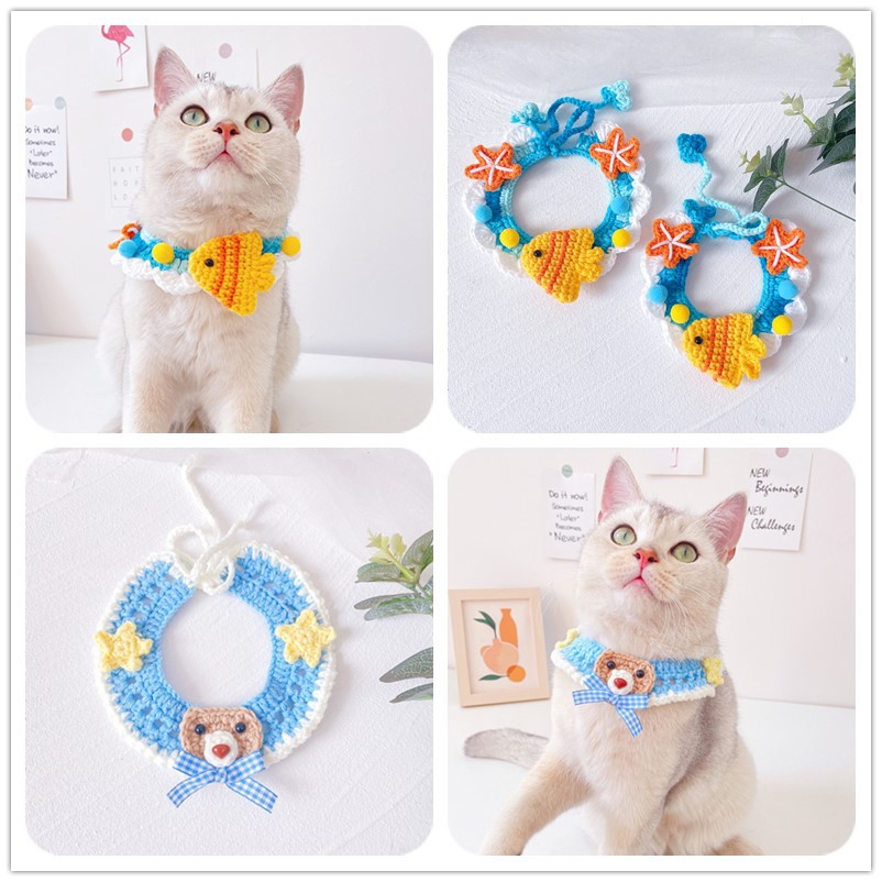 Collier à bavette crocheté pour chien, chat bleu, Bandana, accessoires pour chat, chat, chat, chat, chat, chat, chat, chat, chat, chat, chat, chat