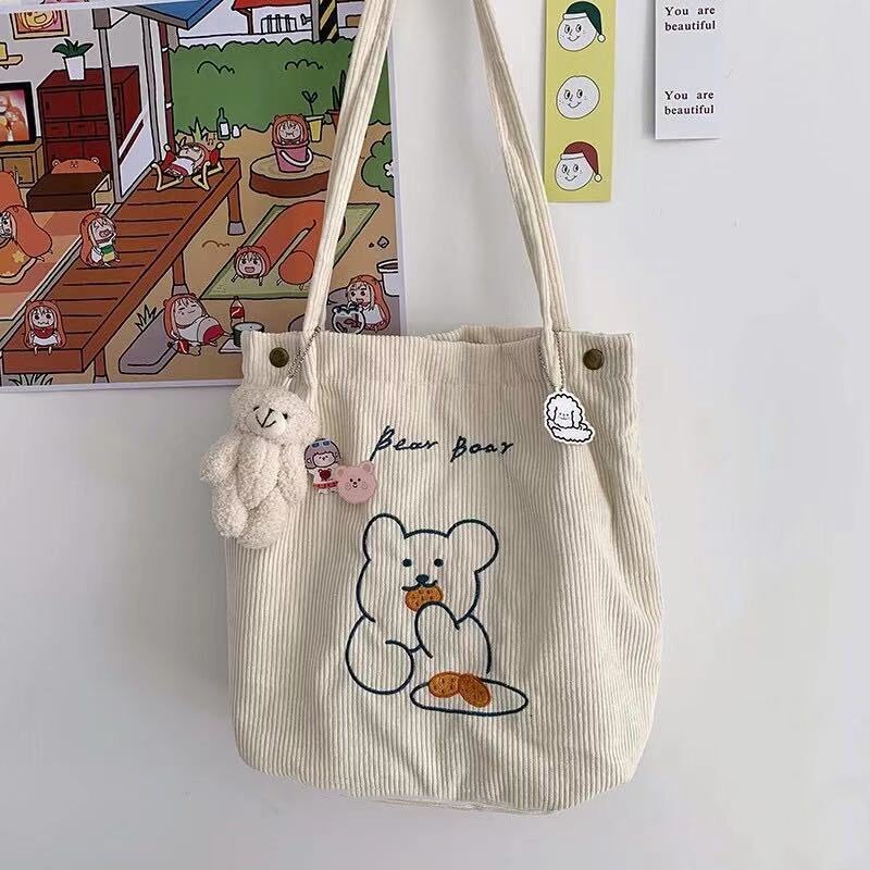 2021 Shopper Shopping Bag da donna borsa a tracolla in tela borse a mano femminili borsa a tracolla pieghevole riutilizzabile in velluto a coste: white Chapter Bear