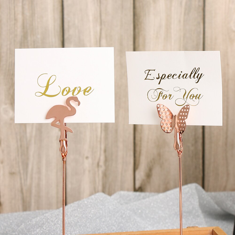 1pc seje bryllup bordkortholder romantisk sommerfugl flamingo mønster metal foto note clips bord nummer stativ papirklemme