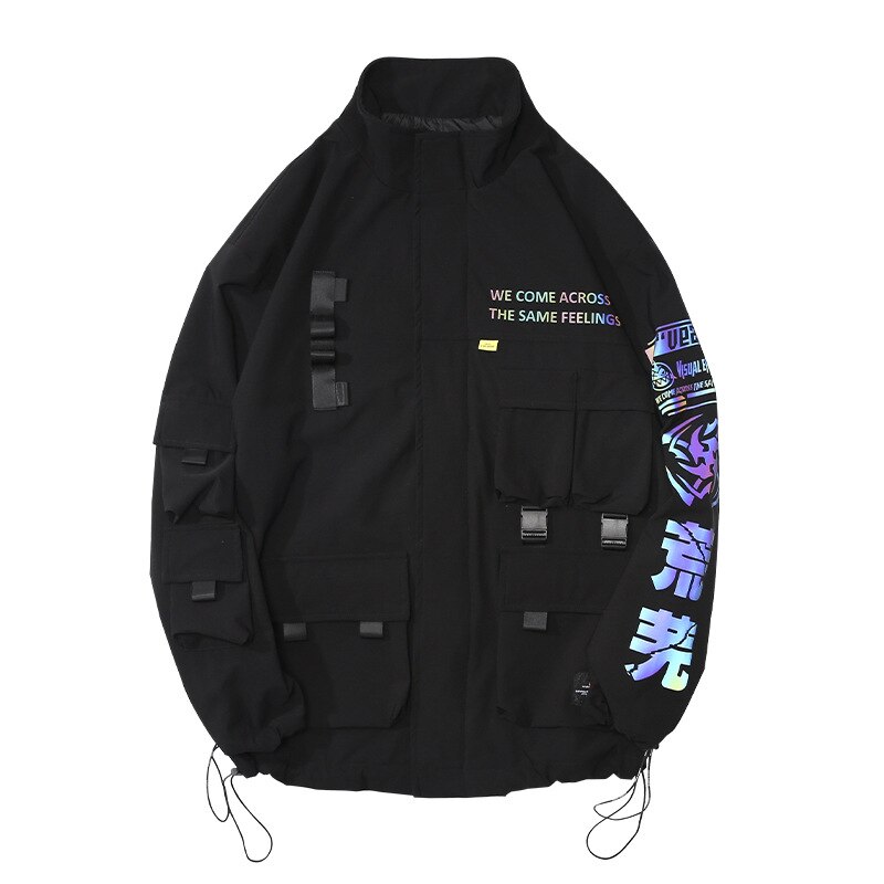 Techwear-chaquetas tipo Cargo con estampado reflectante para hombre, ropa de calle informal con múltiples bolsillos, prendas de vestir holgadas de estilo Harajuku, cortavientos de Hip Hop: XL