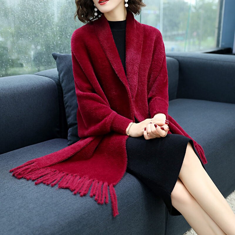 Forår og efterår cashmere strikket sjal kvinders jakke vild med ærmer vinter cheongsam frakke toppe med kvast uld kappe  y624