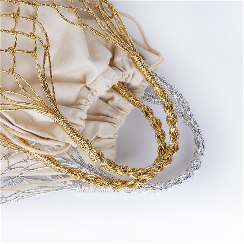 Gold, silber, schwarz, 3 farben, leuchtende papierseile, hohl gewebte tasche, baumwollfutter, strohtasche, damen-netzhandtasche, strandtasche