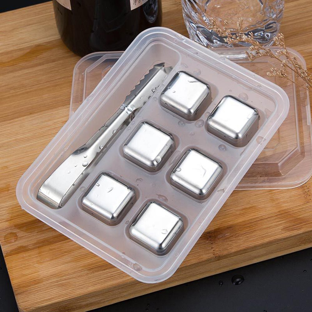 Juego de cubos de hielo reutilizables de acero inoxidable con piedras Whisky, caja de almacenamiento de alta tecnología de refrigeración, gran cumpleaños, para hombres: 6 Pack with Tongs