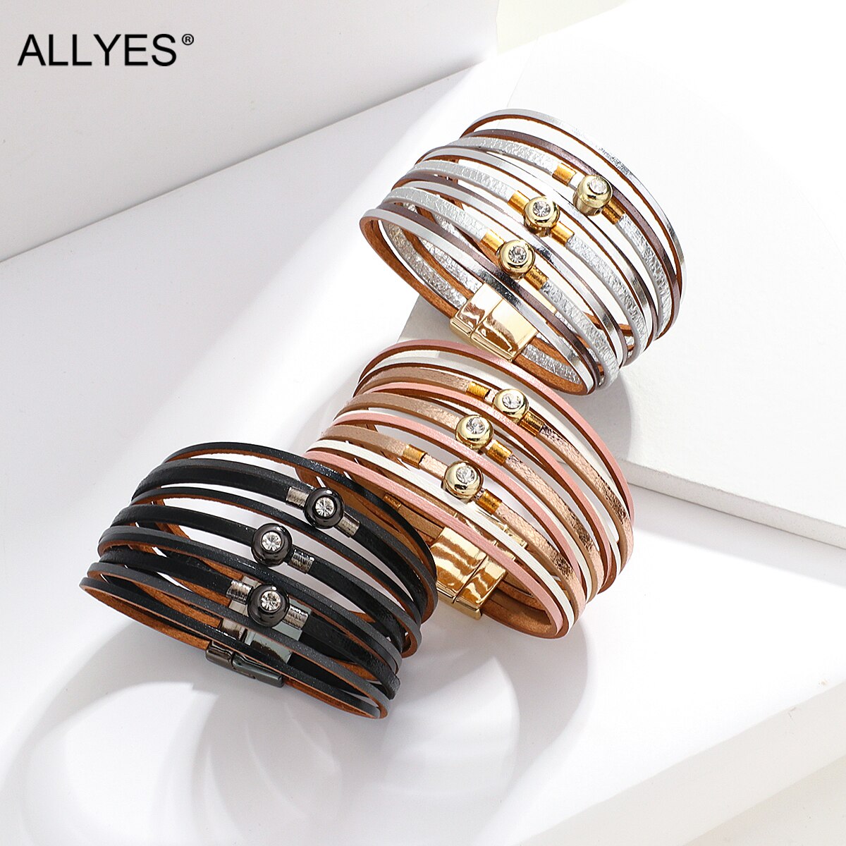 Allyes Simple Shiny Multilayer Slanke Strips Lederen Armband Voor Vrouwen Rhinestone Charm Wrap Armbanden Casual Vrouwelijke Sieraden