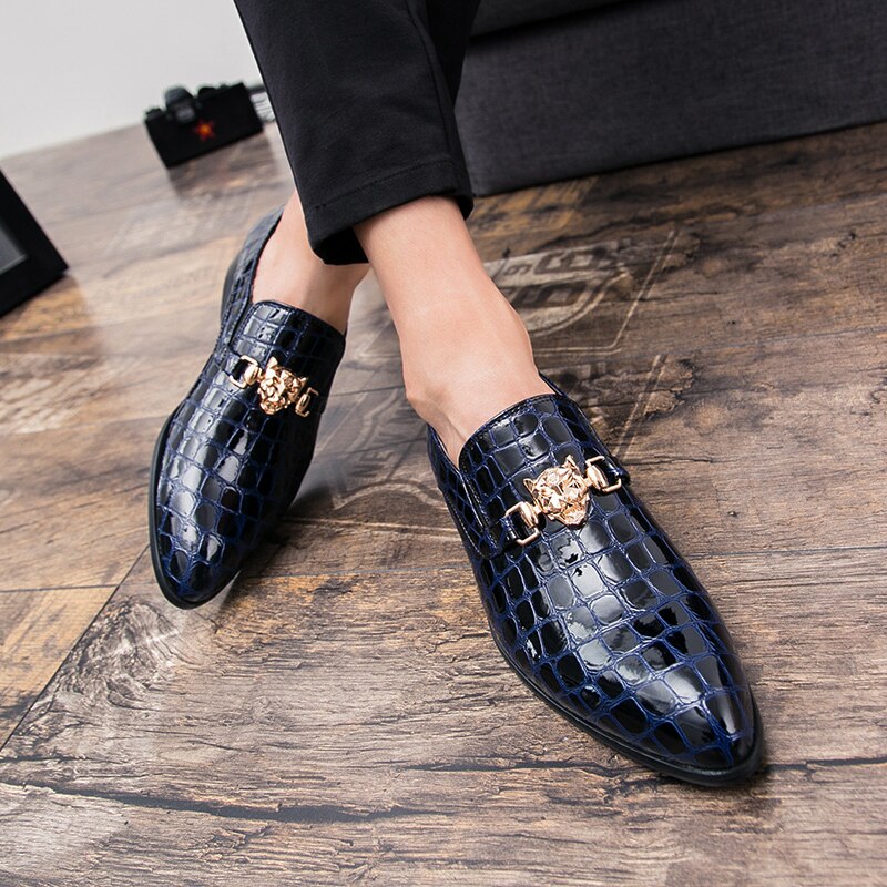 Hommes robe chaussures en cuir italien sans lacet hommes en cuir mocassin paillettes chaussures formelles hommes bout pointu chaussures pour hommes: Bleu / 38