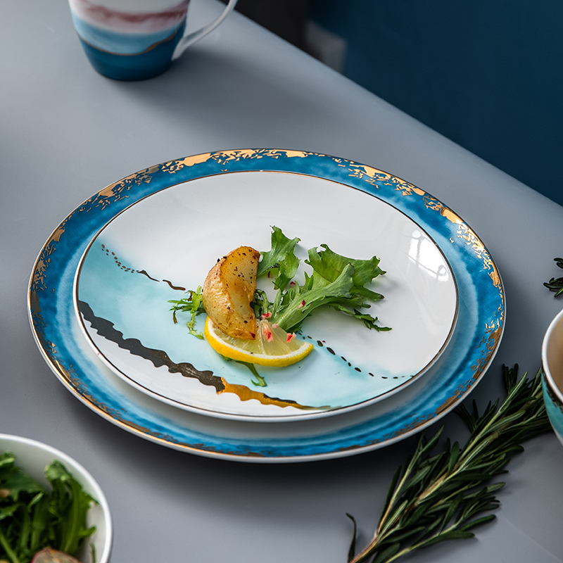 Assiette en céramique dorée vaisselle décoration de la maison assiette en porcelaine plat gâteau pâtisserie assiette à gâteau de fruits bol à soupe de riz tasse à thé