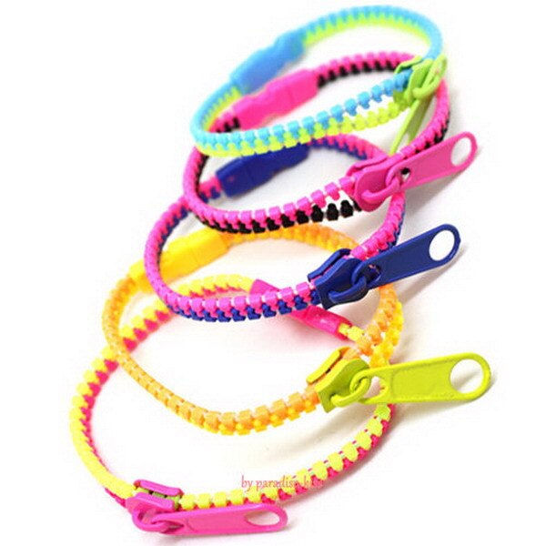 Gratis ePacket 50 stks Mooie Bicolor Hip Zip Zipper Armbanden Mix Kleuren Unsex Acryl Rits Polsband