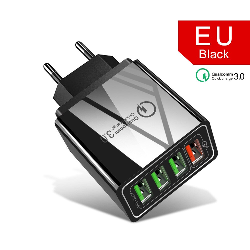 4 usb multi-port charger European standard Mobile phone charger QC3.0 charger travel charger quick charge: EU BLACK