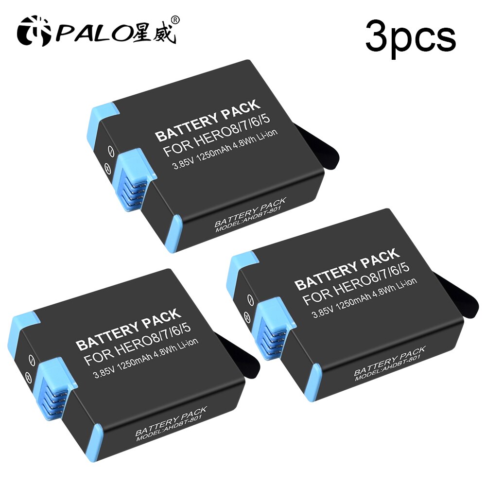 Palo 100%  original til gopro hero 7 hero 6 hero 5 batteri til go pro hero 7 6 hero 5 gopro hero 8 sort afkode kamera batteri: 3 stk batteri