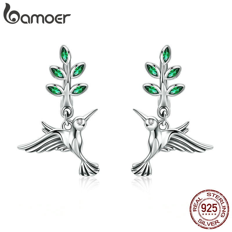 BAMOER 100% Genuine 925 Sterling Silver Hummingbirds Greetings Bird Stud Earrings for Women Earrings Jewelry SCE464