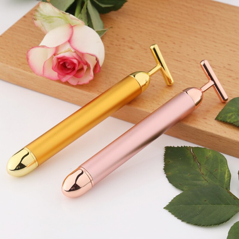 Rouleau électrique de Massage du visage, barre de beauté en or 24K, bâton de soins du visage vibrant et étanche