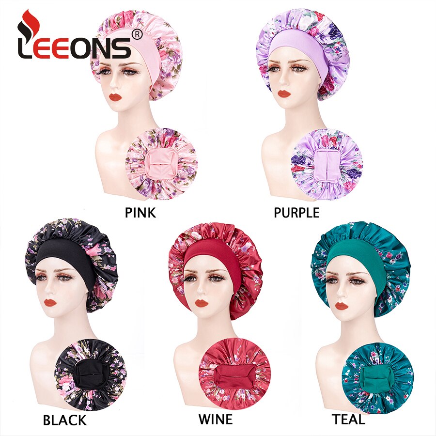 Red Flowers 1 Piece Sleep Cap Satin Bonnet Night Head Cover With Wide Band For Sleeping Soft Hair Silk Bonnet For Women Girls
