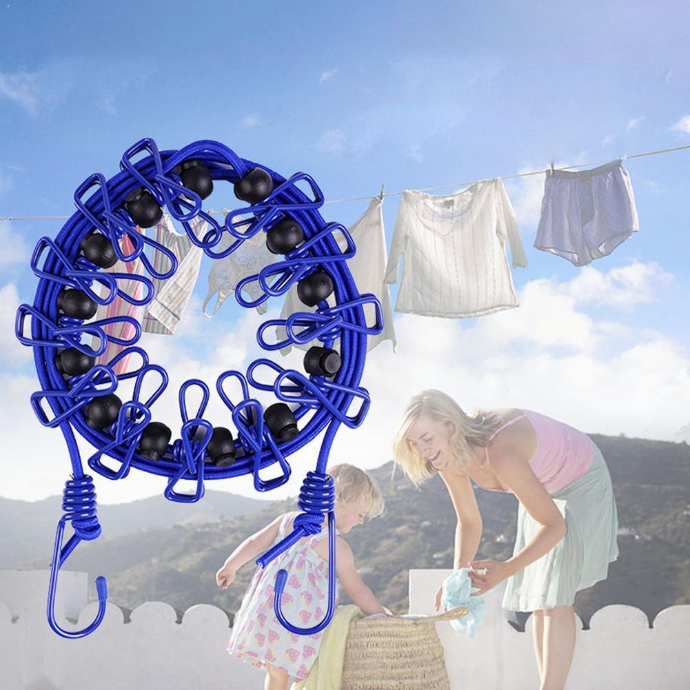 Solid Portable Travel Clothesline for Home Hotel Camping Indoor Outdoor Adjustable End Hooks 12 Clothespin Movable Locking Beads