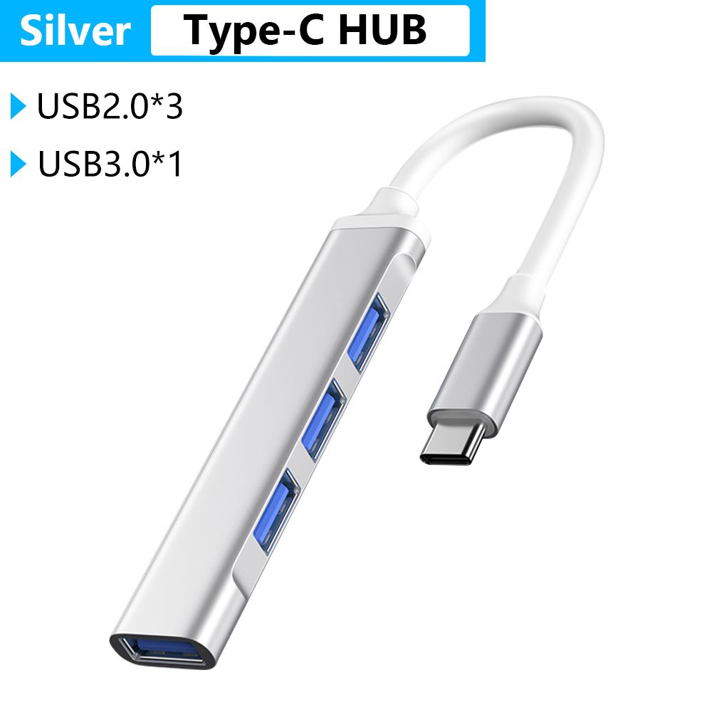 1 Pc High Speed Usb 3.0 Hub Multi Usb Splitter 4 Poorten Expander Adapter Type-C/ Type-een Naar Usb Computer Accessoires Voor Laptop Pc: Type-C Hub Silver