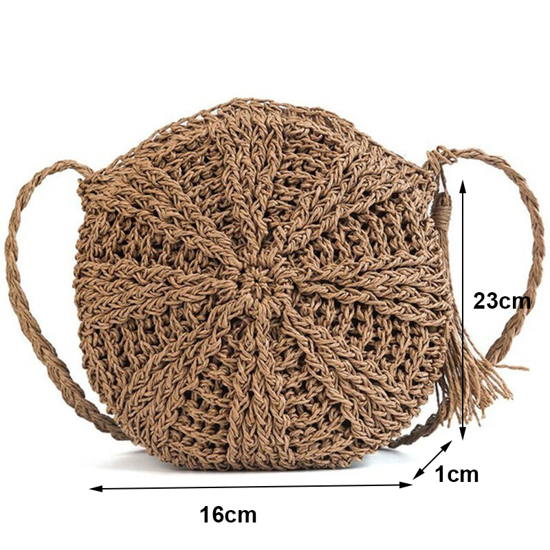 Yogodlns Round Soft Paper Rope Shoulder Bag Tassel Summer Beach Handmade Crossbody Bags Women Hollow Straw Bag Circle Rattan Bag: khaki style5