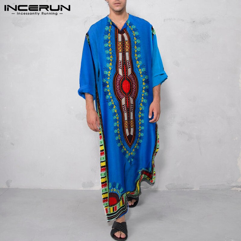 Heren bedrukte islamitische gewaden incerun lange mouwen v-hals jubba thobe vintage man losse arabische islamitische kleding etnische stijl gewaad 5 xl 7
