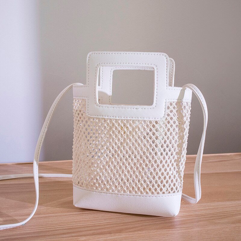 hohl Crossbody Schulter Kleine Tasche lässig gewebte Totes Frauen Eimer Handtasche Gelee praktisch Geldbörse: weiß