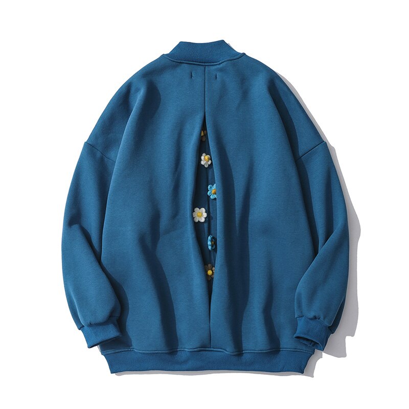 Dark Icon Floral Oversized Fleece Sweatshirt Turtle Neck Men's Sweatshirts Preppy Style Loose Sweatshirt: blue / XL