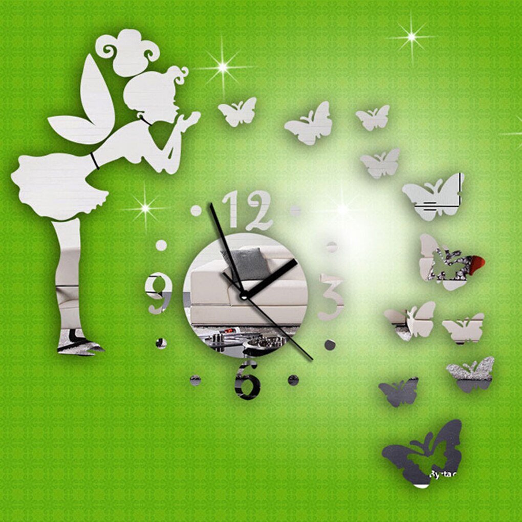 Autocollants muraux fille féerique papillon 3D, horloge murale miroir, décoration de bureau et de maison, DIY bricolage